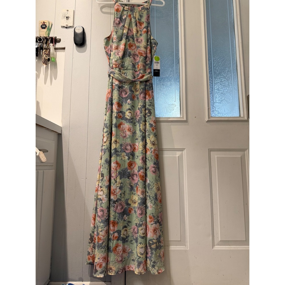 R&K Originals Sage Green Floral Pleated Halter Neck Maxi Dress Size 14 NWT